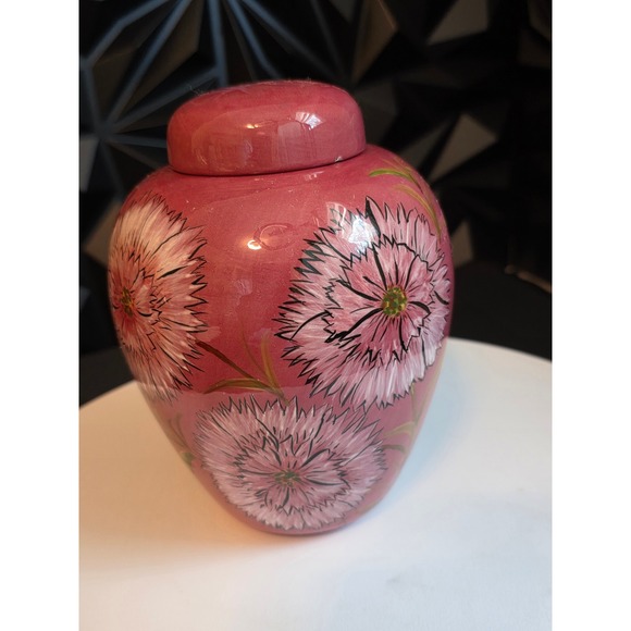 Unbranded Other - Vintage Signed Hand Painted Pink Floral Ceramic Ginger Jar with Lid 5.75"